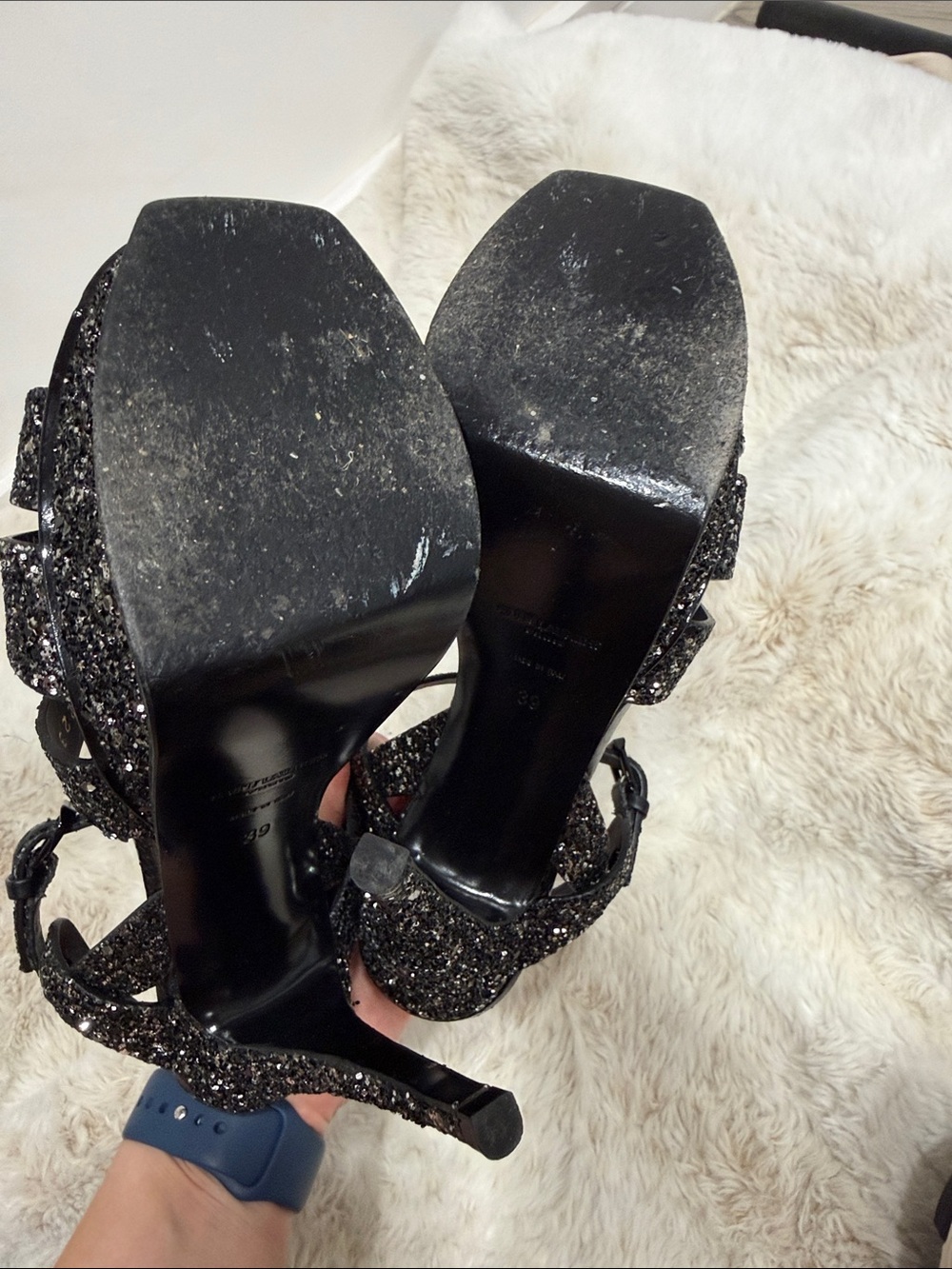 Saint Laurent Black Glitter Strappy T-Bar Heels - Picture 5 of 5
